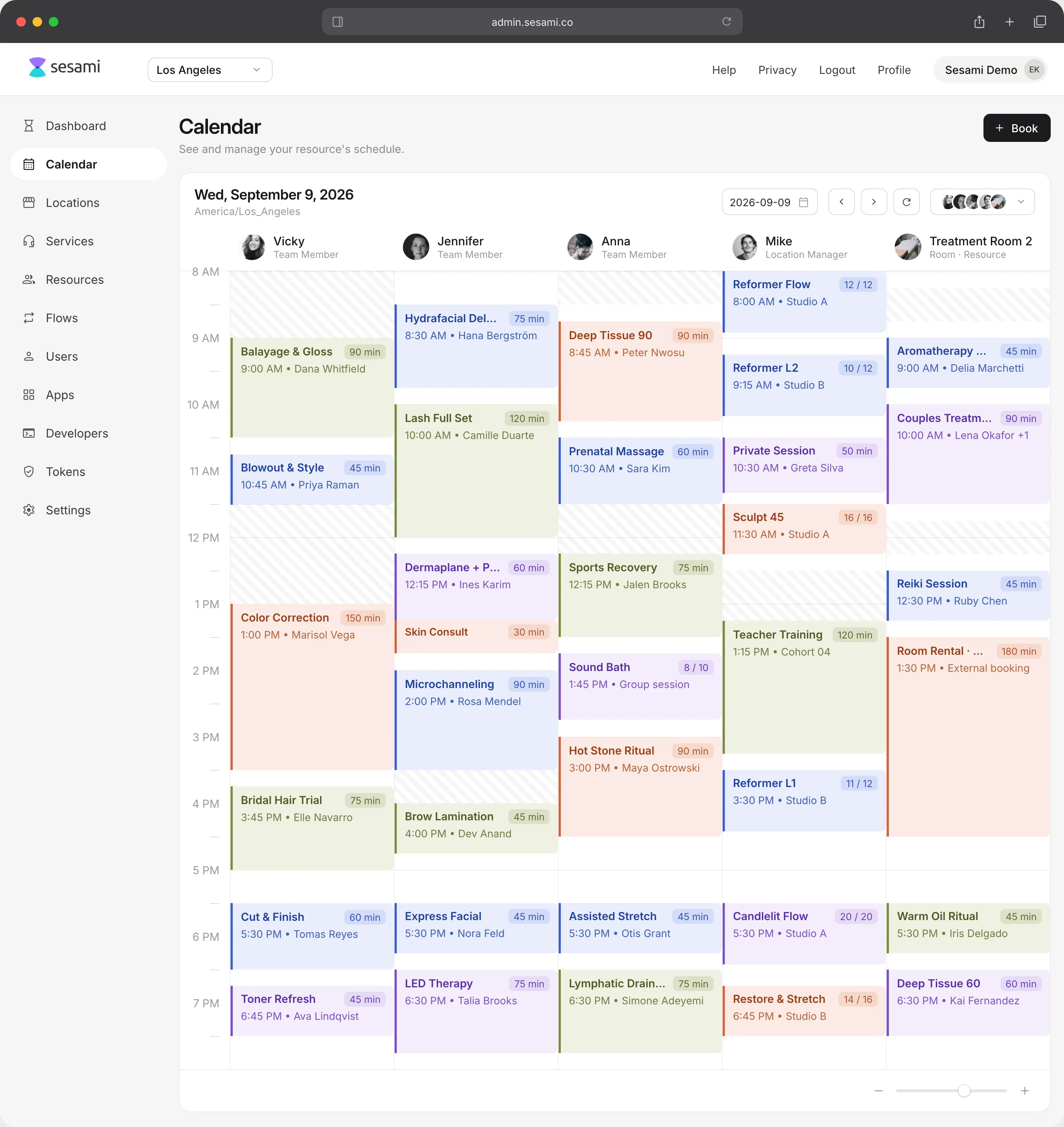 The Sesami admin calendar for a Los Angeles location on Wednesday 9 September 2026, showing a day of bookings across four team members and a treatment room.